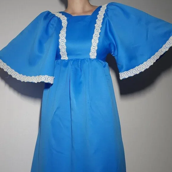 Vintage 70s Gunne Sax style cottagecore big sleeved blue babydoll maxi dress - Picture 3 of 7